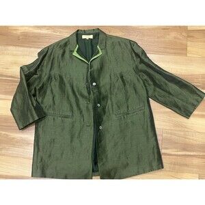 Han Feng Vintage NY 100% Silk Green Blazer Jacket Sz Small Textured Weave